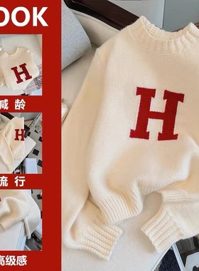 宽松慵懒风女装半高领短款字母套头毛衣女秋冬韩系休闲针织衫上衣