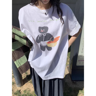 T恤男女宽松百搭休闲上衣夏季 套头白色创意韩版 卡通小熊印花短袖