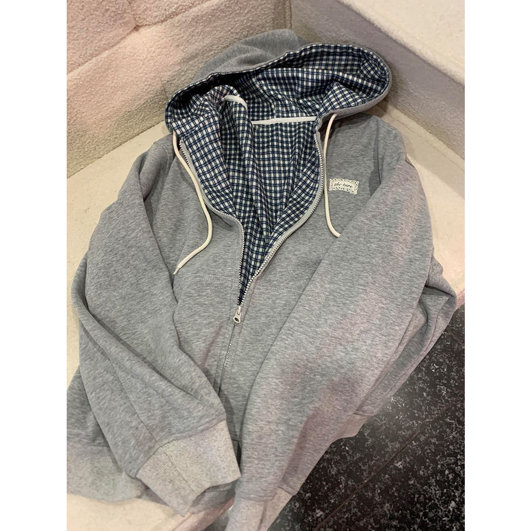 加绒秋冬休闲双面穿美式复古格纹拼接连帽开衫卫衣女宽松拉链外套