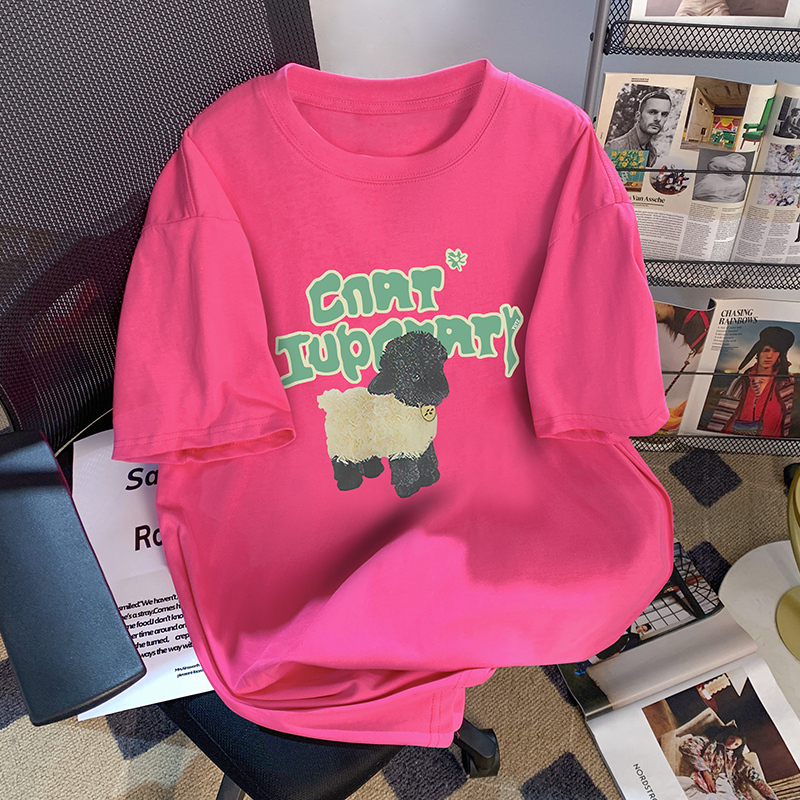 火龙果色正肩纯棉短袖t恤女夏