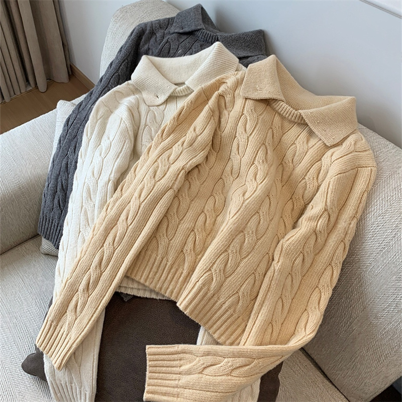 2025年秋季新款绞花软糯学院风polo领纯色毛衣套头长袖针织衫上衣