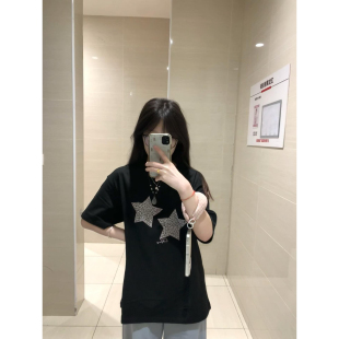 T恤女夏季 星星印花短袖 宽松休闲百搭黑色上衣 套头韩版 圆领休闲款