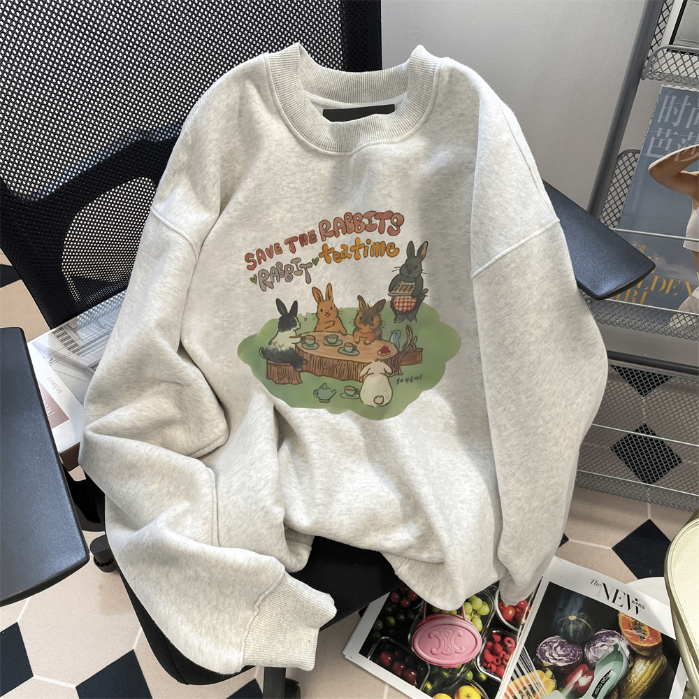 复古chic港味可爱兔子印花卫衣男女秋冬季超好看减龄加绒保暖上衣