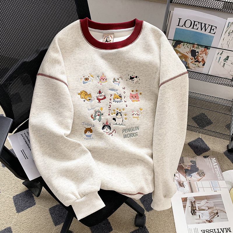 大码秋冬卡通风小猫刺绣圆领卫衣男女加绒撞色拼接长袖上衣高级感