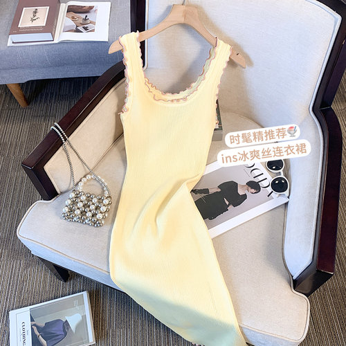 捡漏度假风小众吊带连衣裙女夏季无袖针织A字裙温柔风黄色包臀裙