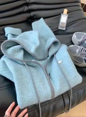 韩系穿搭秋冬慵懒风蓝色双拉链连帽毛衣女装2025韩系宽松针织开衫