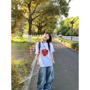 通勤风宽松型韩版宽松苹果印花短袖T恤女夏季百搭圆领上衣休闲风