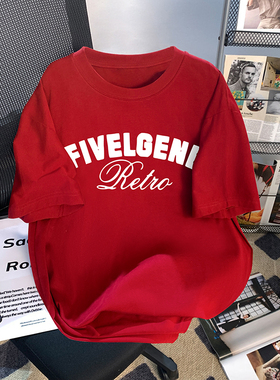 捡漏复古红色短袖t恤女夏季设计感小众oversize宽松半袖上衣ins潮