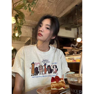 T恤短袖韩版卡通图案夏季休闲宽松纯棉上衣女印花圆领正肩上衣