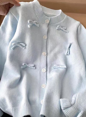 秋冬上衣宽松日系甜美风蓝色蝴蝶结针织开衫女慵懒风毛衣外套百搭