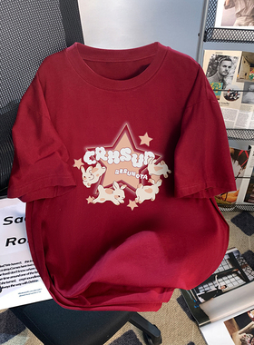 捡漏清仓撤柜显白酒红色纯棉短袖T恤女装学生百搭宽松ins半袖上衣