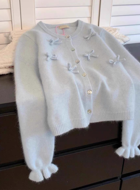 甜美风蝴蝶结针织毛衣女蓝色长袖女冬甜美减龄开衫外套设计感上衣