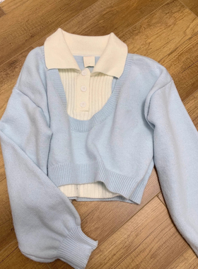大牌衣服捡漏尾货韩系慵懒学院风蓝色polo领毛衣高腰两件套针织衫