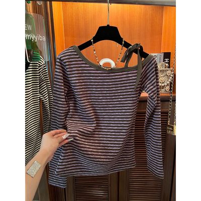 美式复古春秋款韩系氛围感穿搭斜肩长袖t恤女夏季修身条纹款上衣