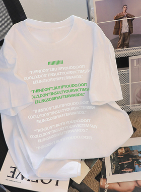 捡漏~港味甜酷休闲字母印花白色正肩短袖T恤女宽松中长款复古上衣