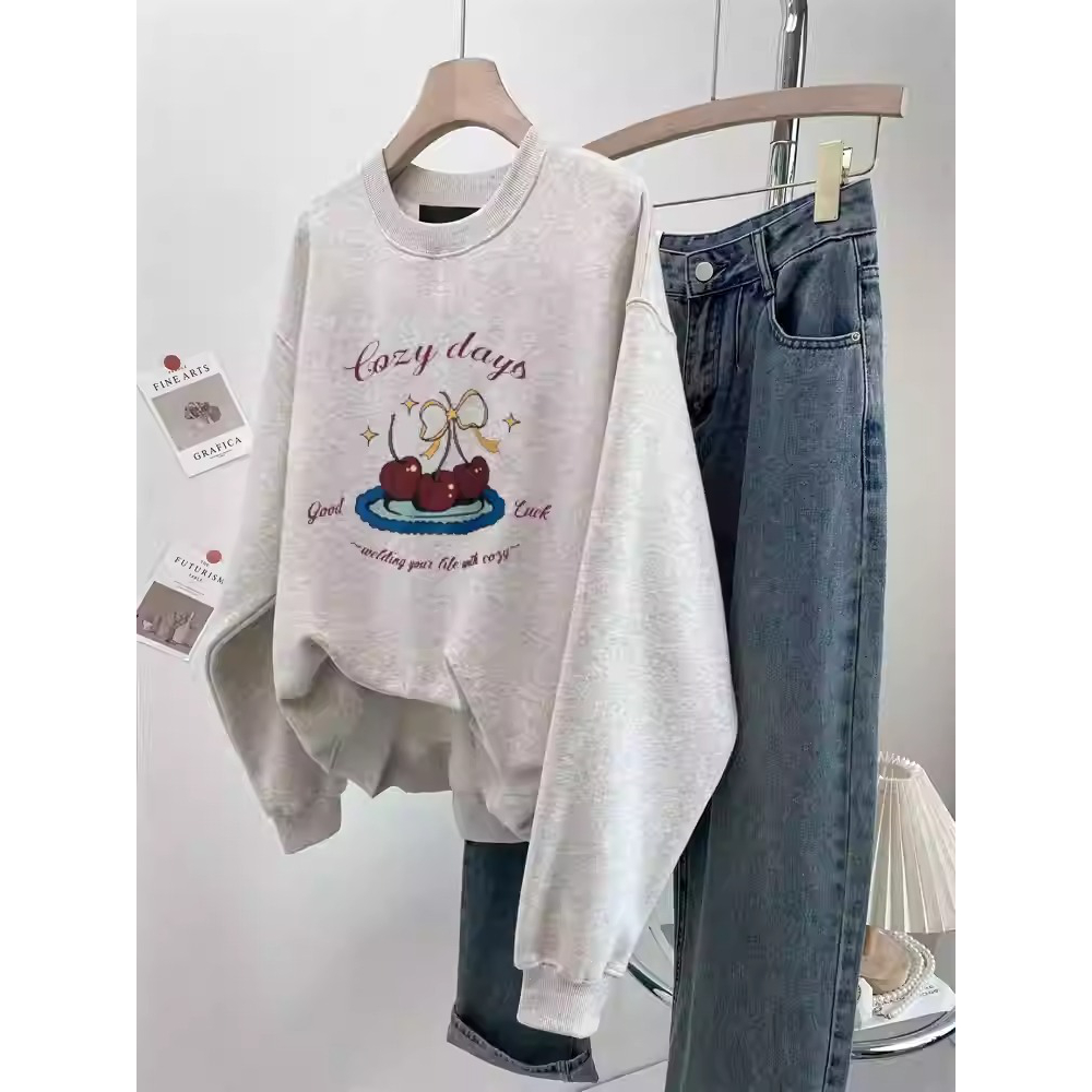 捡漏清仓美式复古樱桃印花卫衣宽松圆领加绒小众设计感慵懒风上衣