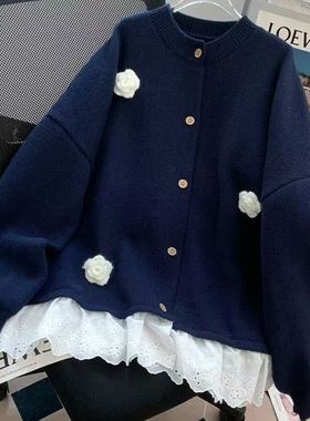 氛围感立体花朵蕾丝拼接红色毛衣外套女秋冬宽松设计显瘦针织开衫