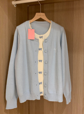 慵懒风开衫韩系蝴蝶结扣蓝色假两件开衫毛衣女装高级感针织衫外套