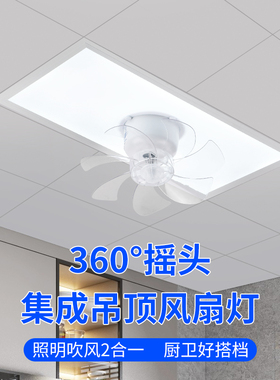 纯铜电机省电可 360°摇头集成吊顶风扇灯白色照明吹风2合1厨卫灯