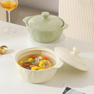 奶油风陶瓷双耳汤碗带盖猪油罐家用大汤碗2024新款泡面碗大号餐具