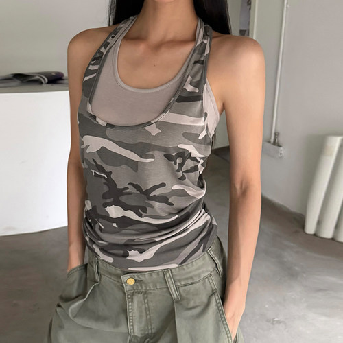 美式辣妹迷彩假两件吊带工字背心