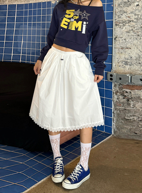 辣到中暑BM同款美式甜美辣妹白色中长半身裙格子裙百搭显瘦中长裙