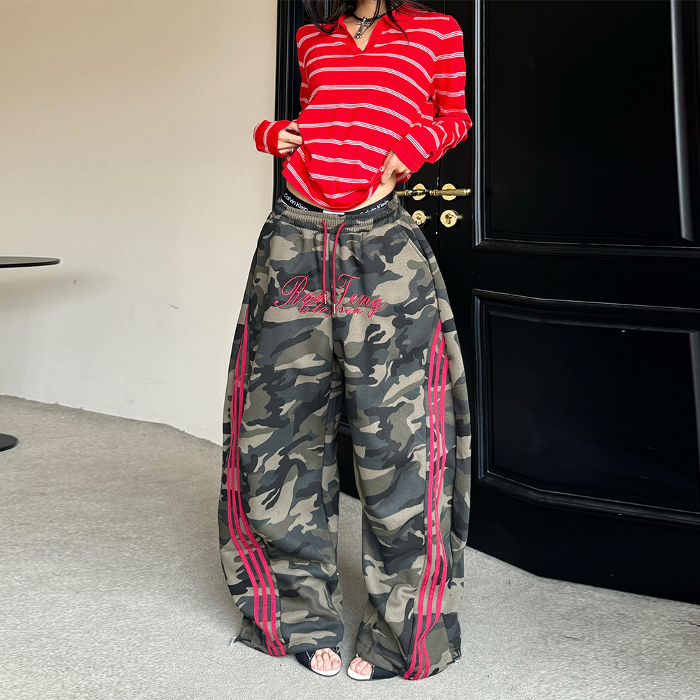 辣妹嘻哈街舞迷彩拼接条纹卫裤