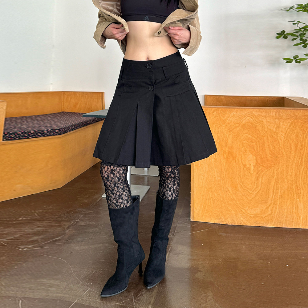 辣到中暑美式复古辣妹风牛仔百褶半身裙中腰显瘦百搭A字裙中裙