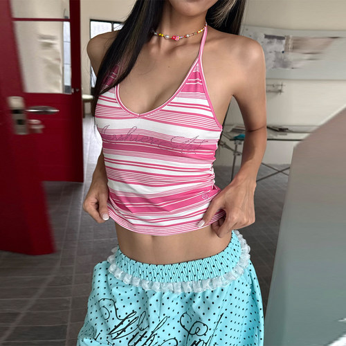 美式辣妹多巴胺条纹绑带吊带背心