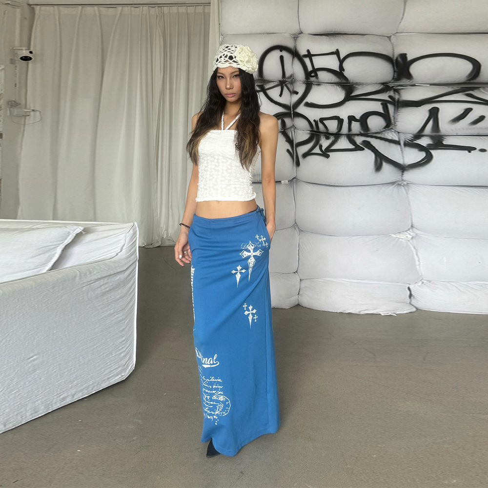 辣妹十字架字抽绳半身裙显瘦开叉