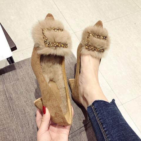 毛毛鞋女高跟鞋2025秋冬新款韩版百搭兔毛尖头外穿棉瓢鞋粗跟单鞋