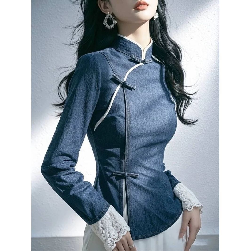 新中式蓝色牛仔蕾丝拼接长袖衬衫女2025春季新款国风独特别致上衣