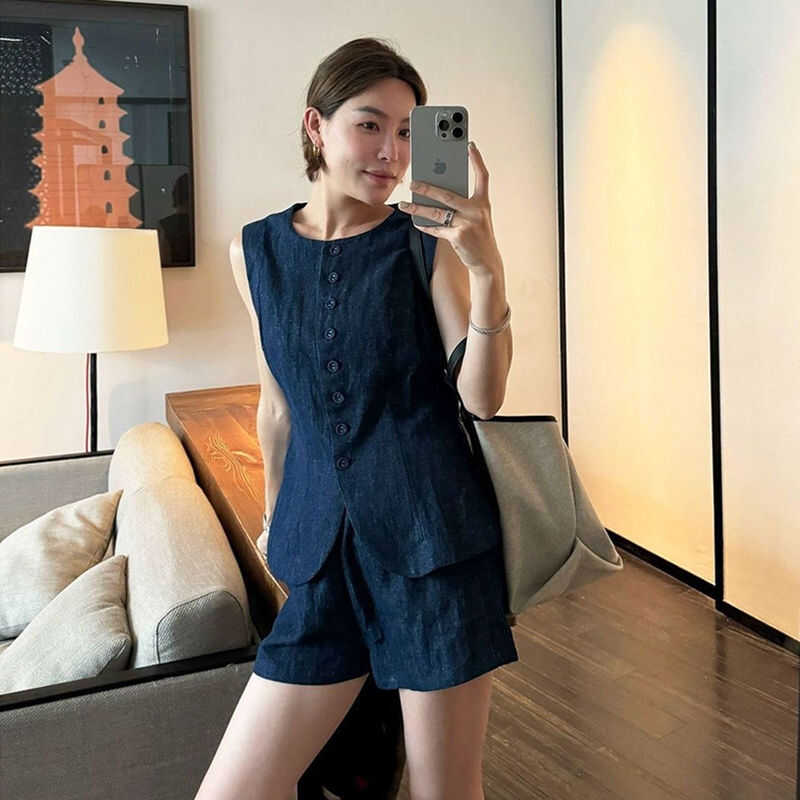 牛仔套装2024新款女装夏款老钱风宽松马甲阔腿短裤两件套