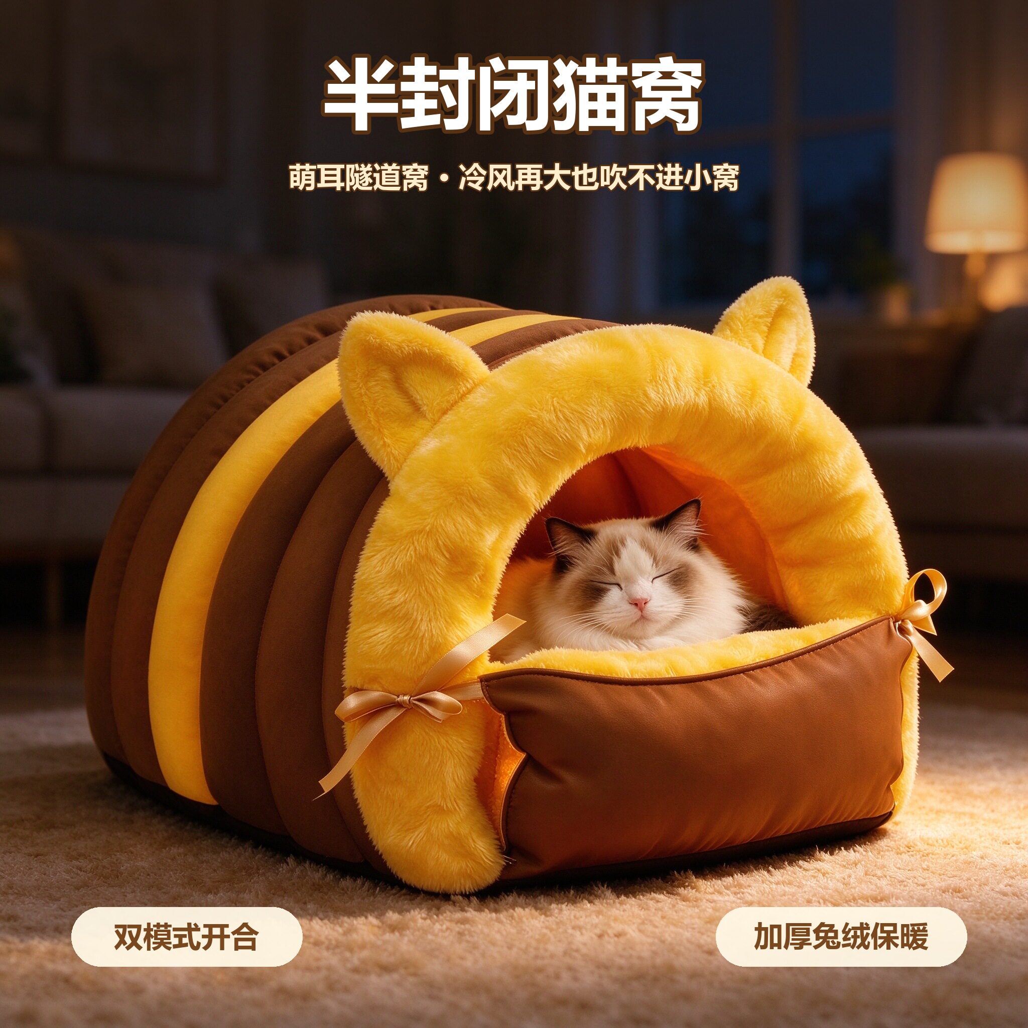 半封闭猫窝冬季加厚保暖可拆洗2026新款猫咪安全感窝拱顶挡风卡通