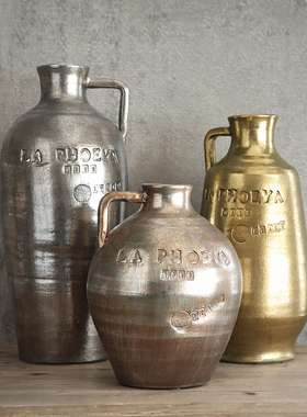 迦乐美式欧式法式小口复古圆柱形干花瓶电镀银色陶瓷瓶陶土花器