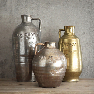 小口复古圆柱形干花瓶电镀银色陶瓷瓶陶土花器 法式 欧式 迦乐美式