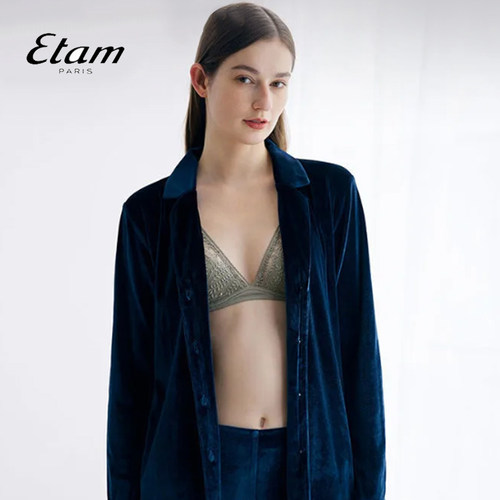 Etam丝绒睡衣套装女法式长袖衬衫式家居服宽松显瘦W322DL1302