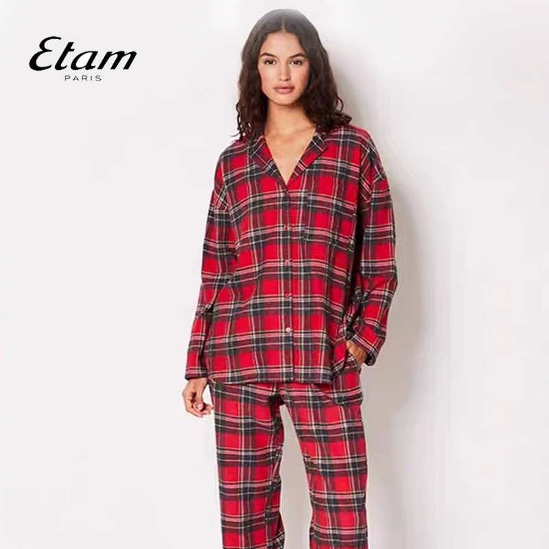 Etam长袖家居套装复古格纹开衫柔软舒适棉格子睡衣女士W324DL1301