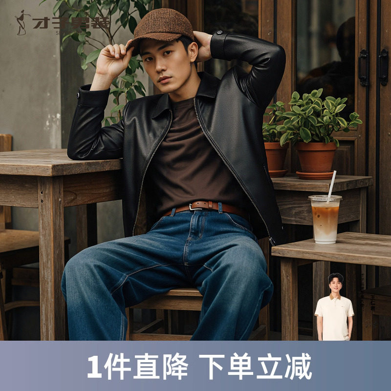 才子翻领真皮皮衣商务休闲皮夹克