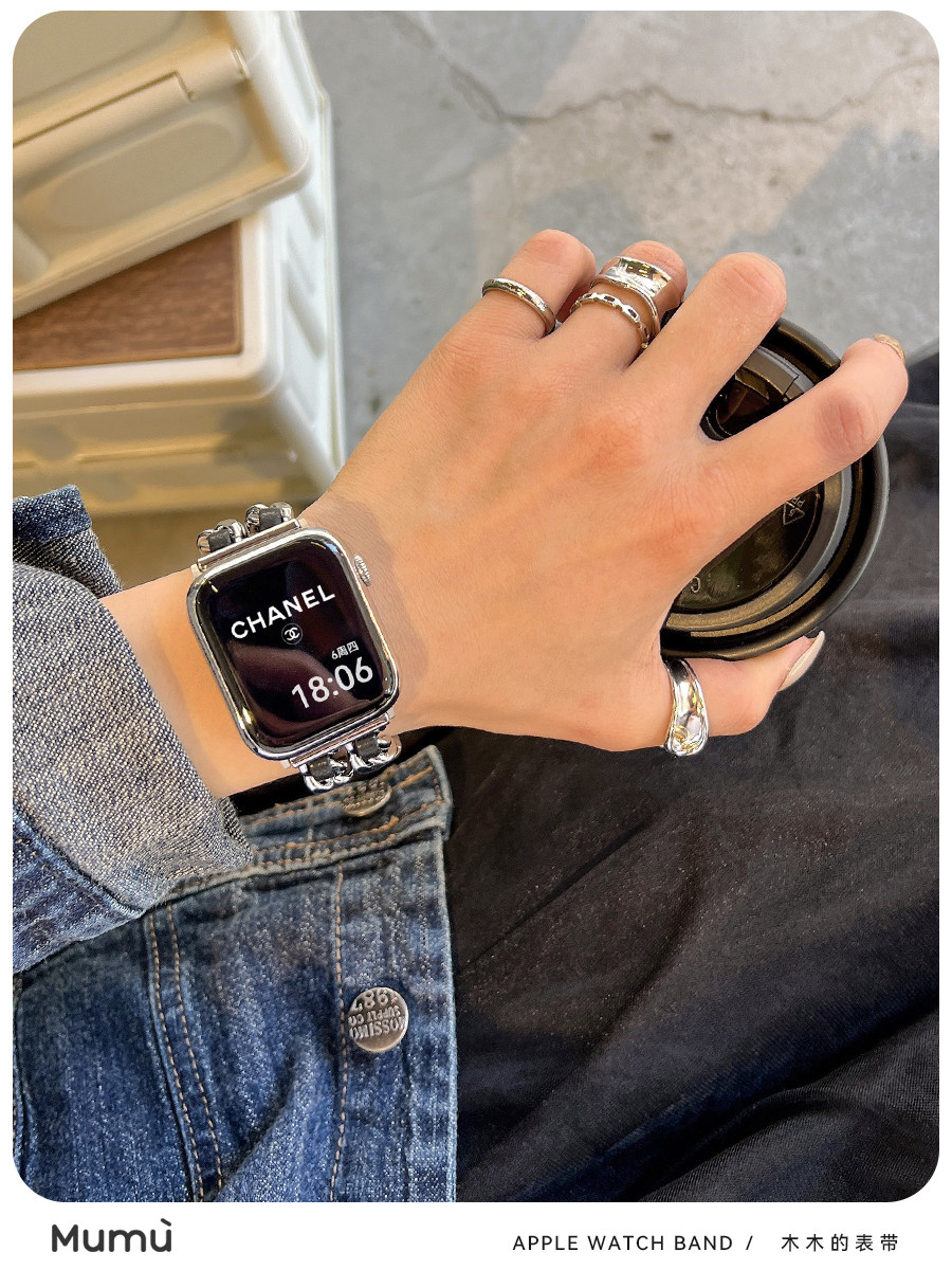 FOR S10 APPLE LITTLE FRAGRANCE WATCH APPLEWATCH8 7 SE LEATHER METAL DOUBLE ROW CHAIN S9