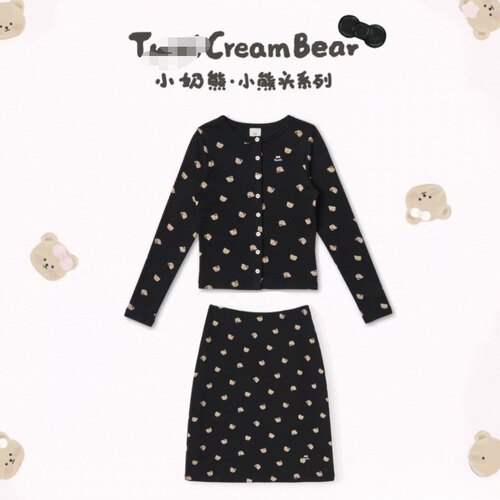 TW小奶熊奶油黑熊头长袖开衫半裙套装【cream bear】系列