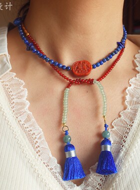 【欢喜流年】青绿原创个性青金石多玉石串珠流苏锁骨链项链配饰