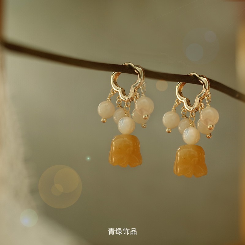 中式古风金丝玉风铃花耳环