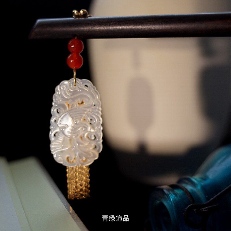 【如愿】白蝶贝贝母雕刻凤凰流苏发簪筷子黑檀木簪子新娘配饰
