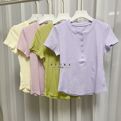 夏季新款短袖亨利衫高弹瑜伽服女莫代尔螺纹健身服纽扣款运动t恤