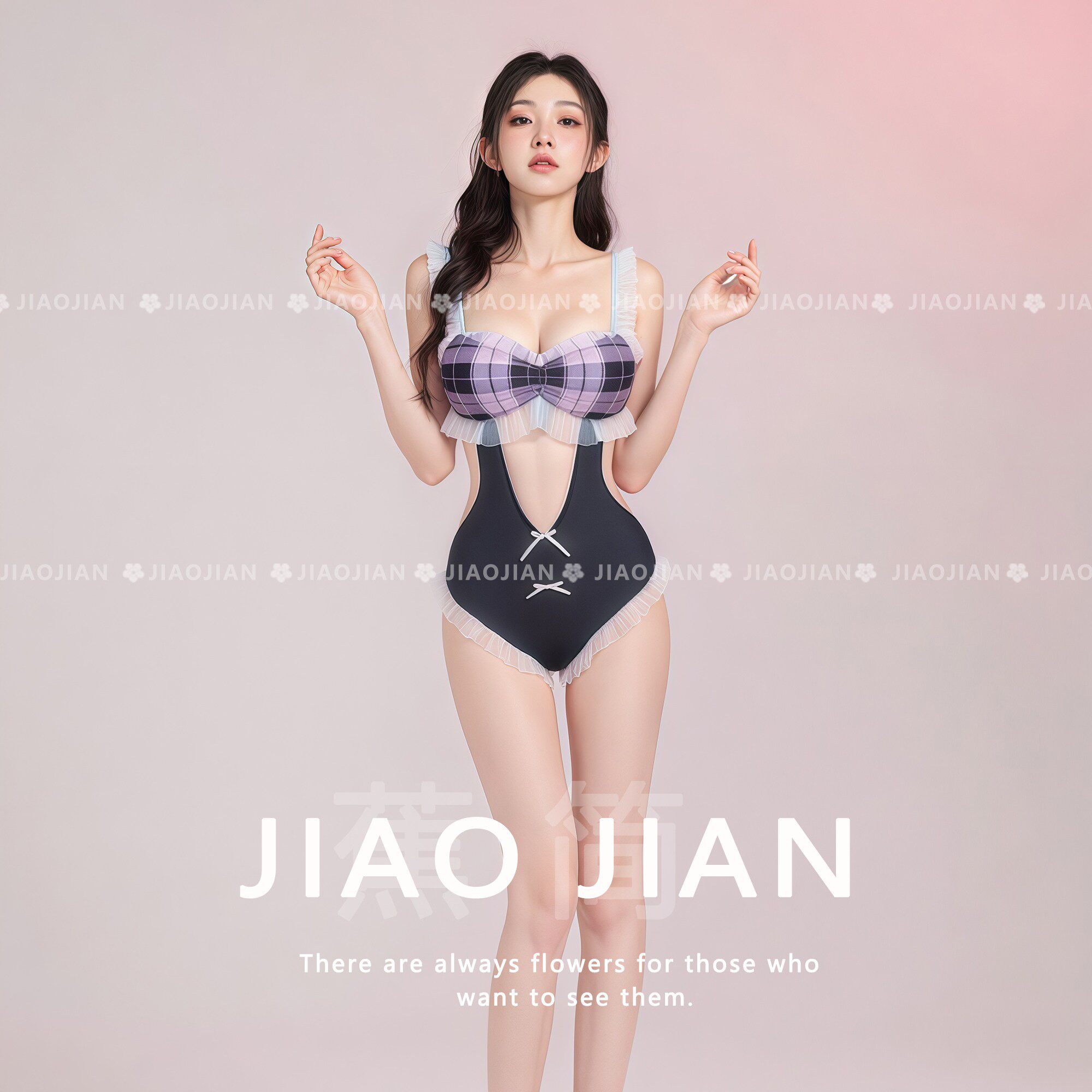 绫学妹笑魇如花qqny性感睡裙纯欲免脱魅惑纯情格纹少女甜美连体衣