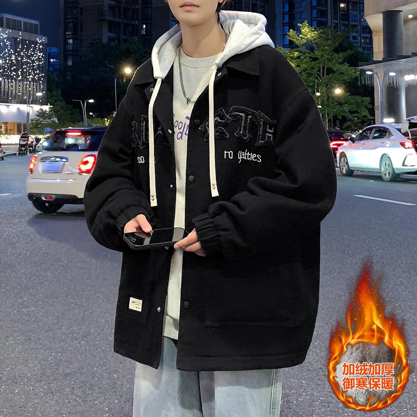 假两件牛仔外套男秋冬季潮牌宽松青少年初中高中学生加绒加厚夹克