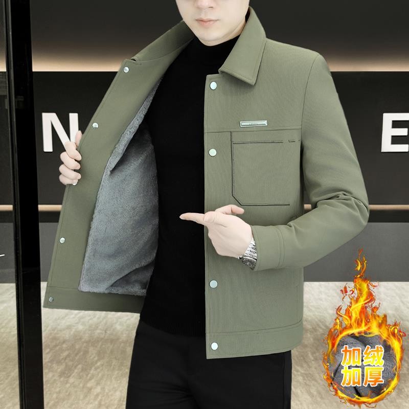 秋冬季新款加绒加厚行政夹克男士翻领商务休闲高端韩版干部装外套