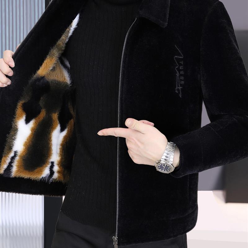 秋冬季加绒加厚毛呢大衣男士潮流保暖水貂绒夹克冬装短款皮草外套