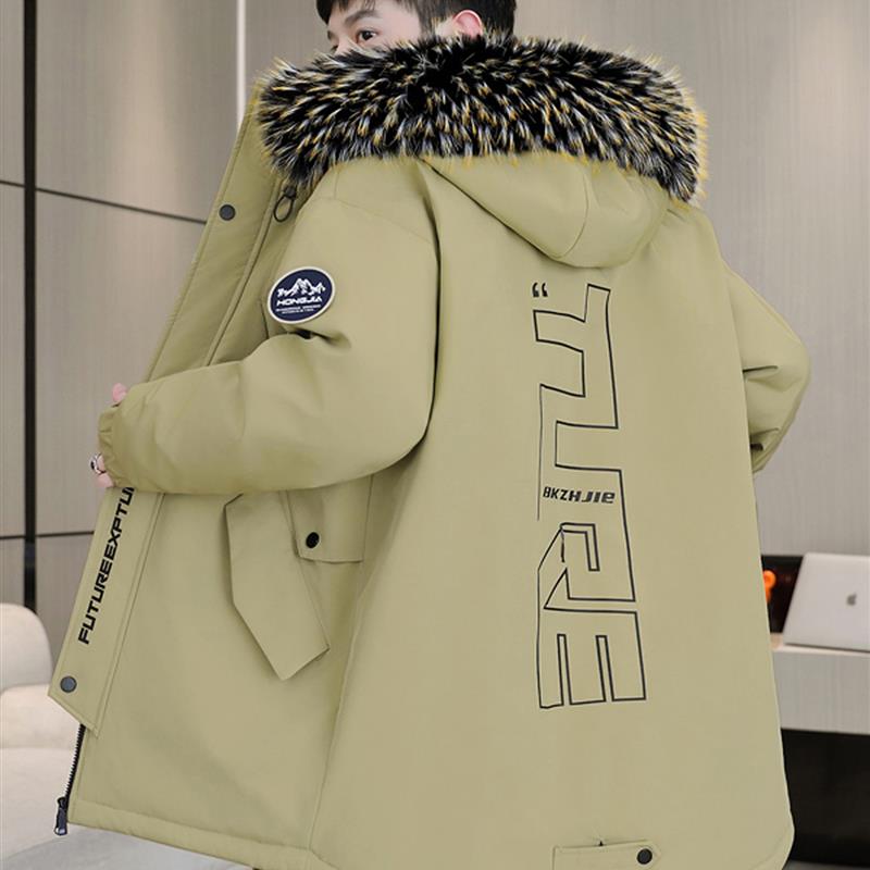 冬季新款大毛领中长款棉衣男加绒加厚连帽派克服保暖防寒棉服外套